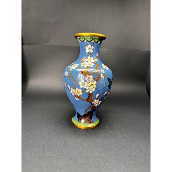 Vintage Chinese 8 1/4" BLUE CLOISONNE VASE Enamel Brass Cherry Blossom w/Bird - Picture 10 of 16